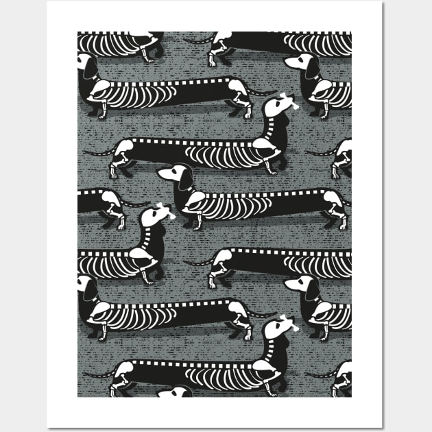Spooktacular long dachshunds skeleton // pattern // green grey background skeleton dogs Wall Art by SelmaCardoso